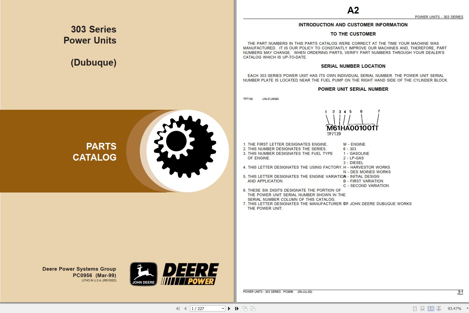 John Deere Power Units Dubuque 303 Series Parts Catalog PC0956 1