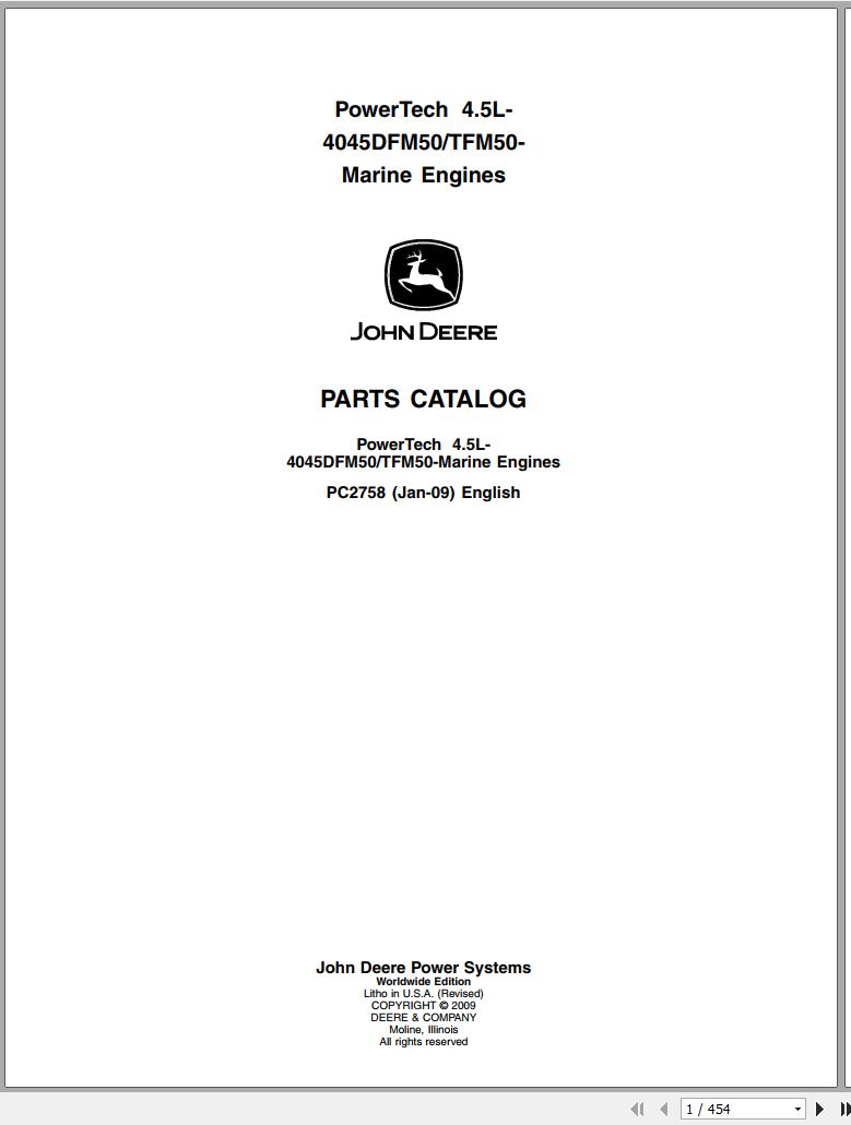 John Deere Powertech 4.5L 4045DFM50 TFM50 Marine Engines Parts Catalog