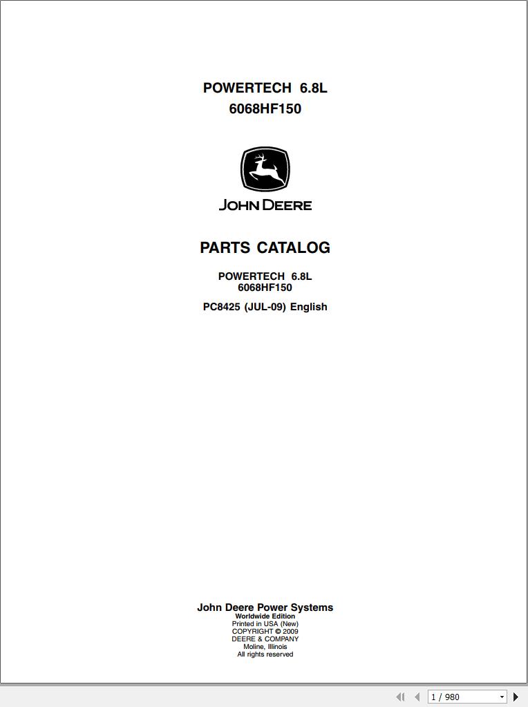 John Deere Powertech 6.8L 6068HF150 Parts Catalog PC8425 2009 1