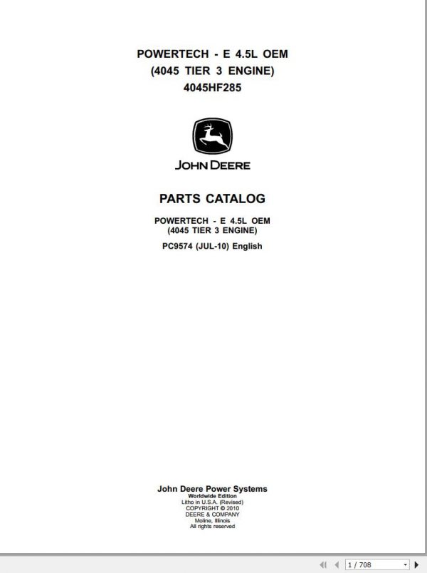 John Deere Powertech E 4.5L OEM 4045 Tier 3 Engine 4045HF285 Parts