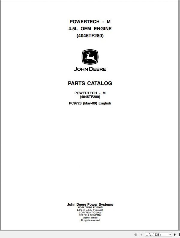 John Deere Powertech M 4.5L OEM Engine 4045TF280 Parts Catalog PC9723 2009 1
