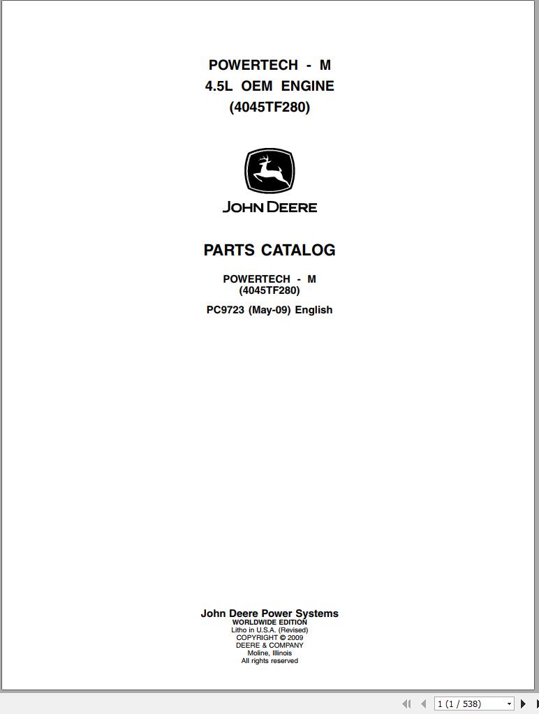 John Deere Powertech M 4.5L OEM Engine 4045TF280 Parts Catalog PC9723 2009 1