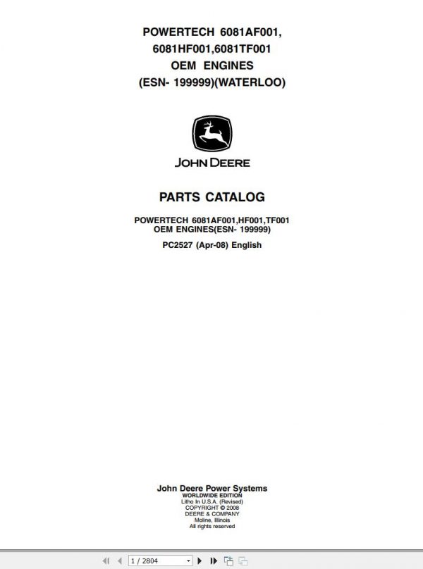 John Deere Powertech OEM Engines ESN 199999 6081AF001 HF001 TF001 Parts Catalog PC2527 2008 1
