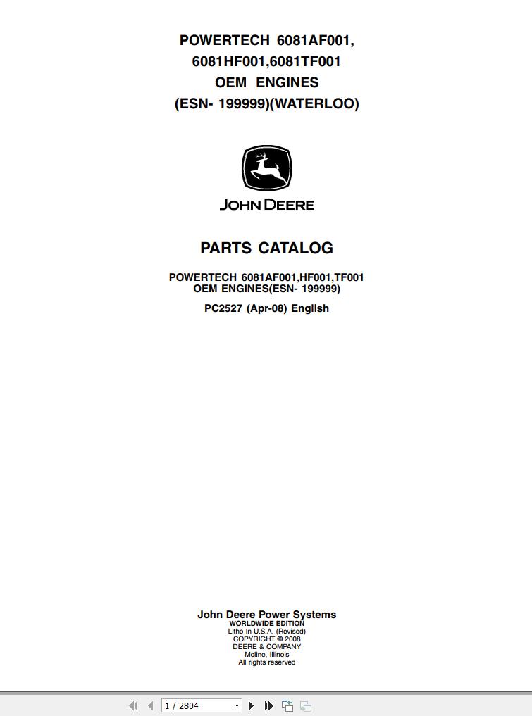 John Deere Powertech OEM Engines ESN 199999 6081AF001 HF001 TF001 Parts Catalog PC2527 2008 1
