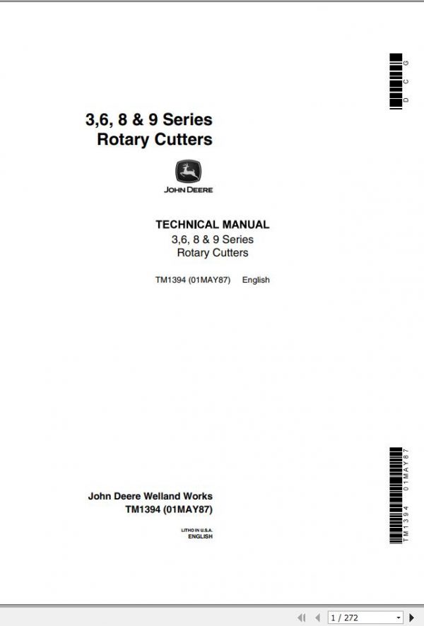 John Deere Rotary Cutters 3 6 8 9 Series Technical Manual TM1394 1
