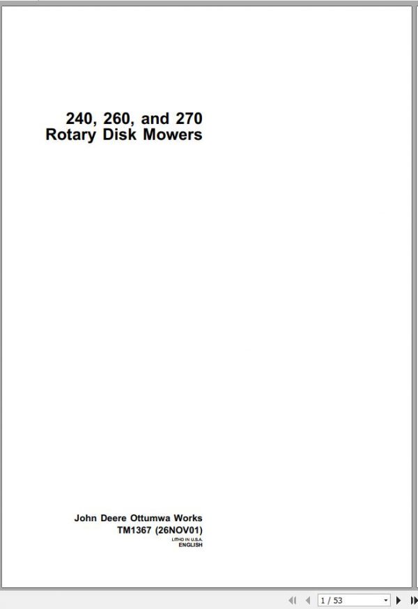 John Deere Rotary Disk Mowers 240 260 270 Technical Manual TM1367 1