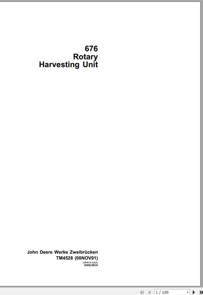 John Deere Rotary Harvesting Unit 676 Technical Manual TM4528 1
