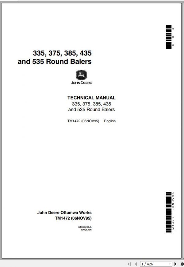 John Deere Round Baler 335 375 385 435 535 Technical Manual TM1472 1