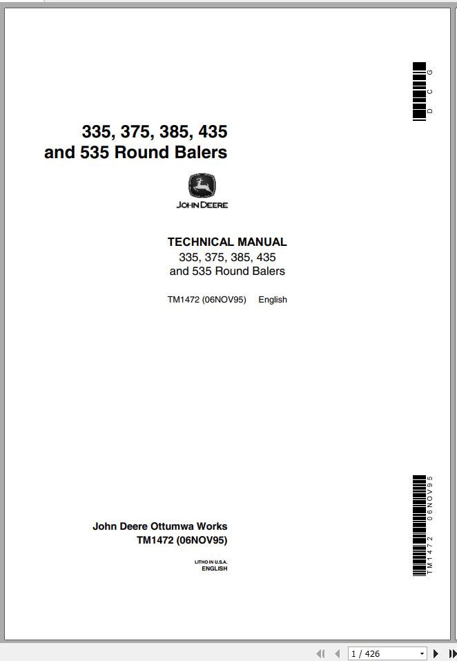 John Deere Round Baler 335 375 385 435 535 Technical Manual TM1472 1