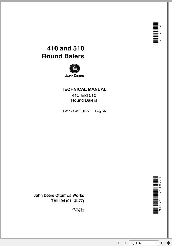 John Deere Round Baler 410 510 Technical Manual TM1194 1