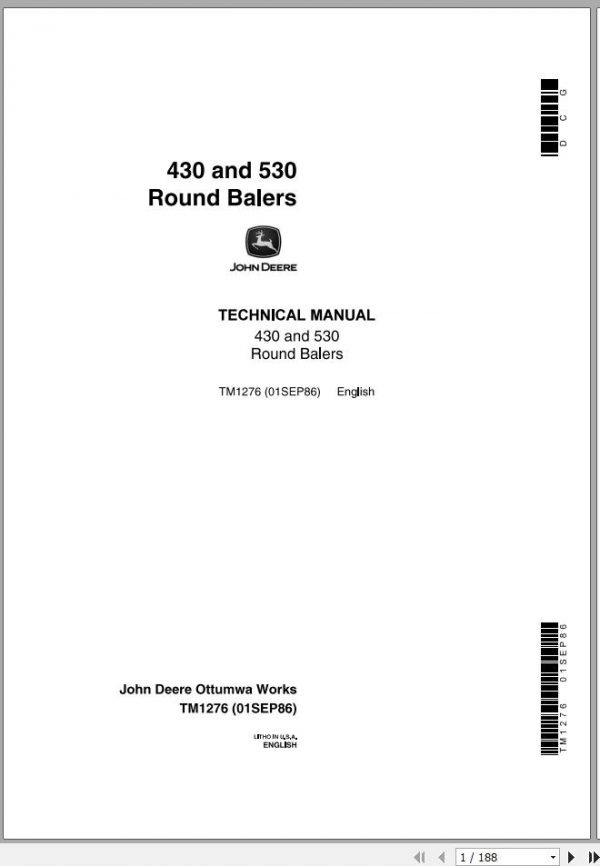 John Deere Round Baler 430 530 Technical Manual TM1276 1