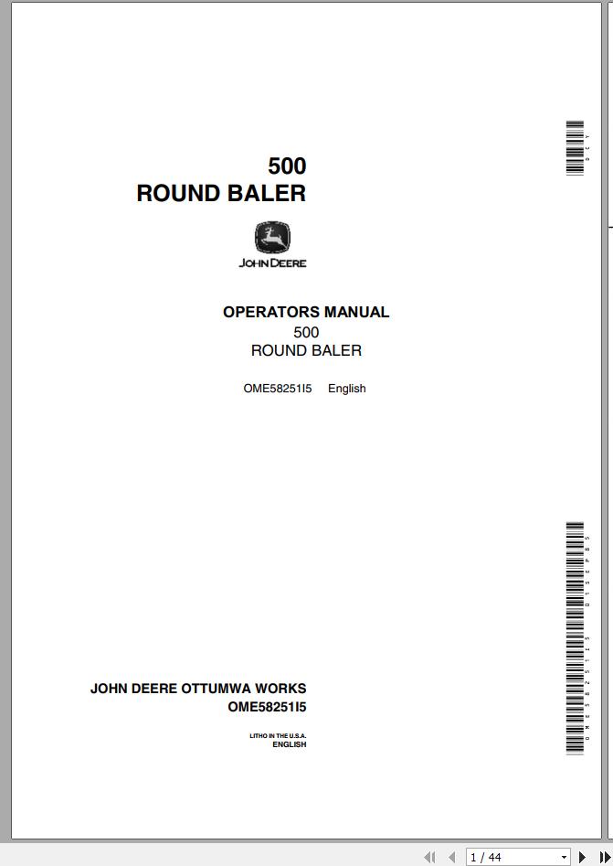 John Deere Round Baler 500 Technical Manual OME58251 1