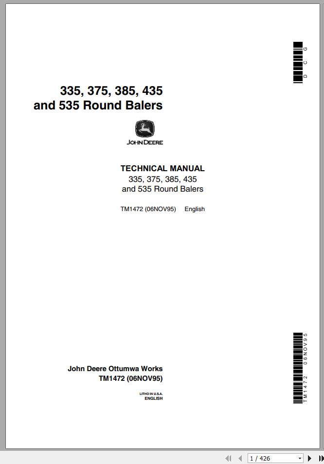John Deere Round Balers 335 375 385 435 535 Technical Manual TM1472 1