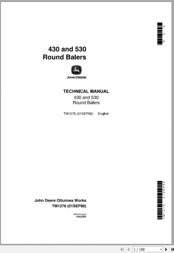 John Deere Round Balers 430 530 Technical Manual TM1276 1