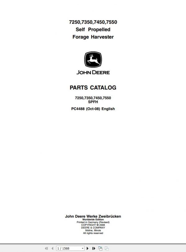 John Deere SPFH 7250 7350 7450 7550 Parts Catalog PC4488 2008 1