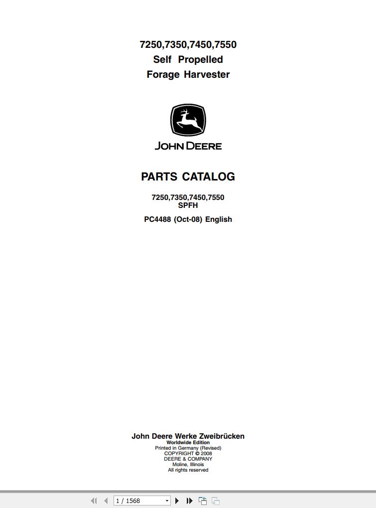 John Deere SPFH 7250 7350 7450 7550 Parts Catalog PC4488 2008 1