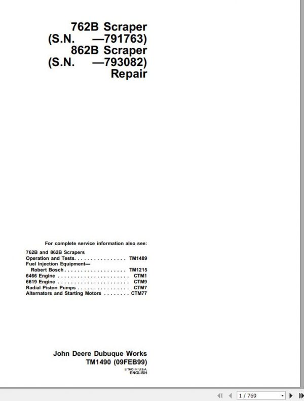 John Deere Scrapers 762B 862B 791763 793082 Repair Technical Manual TM1490 1