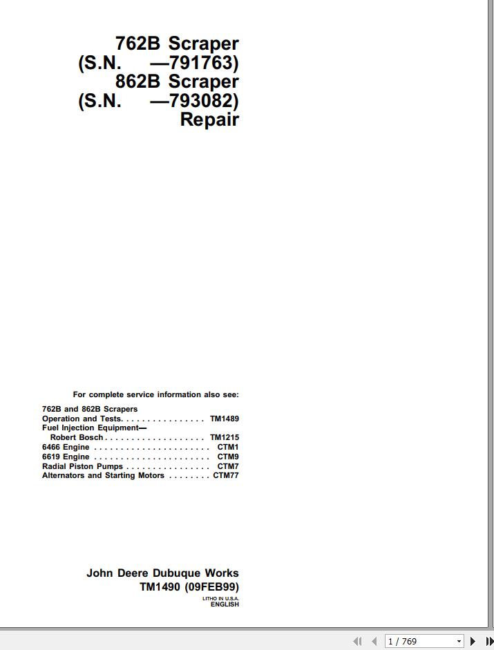 John Deere Scrapers 762B 862B 791763 793082 Repair Technical Manual TM1490 1