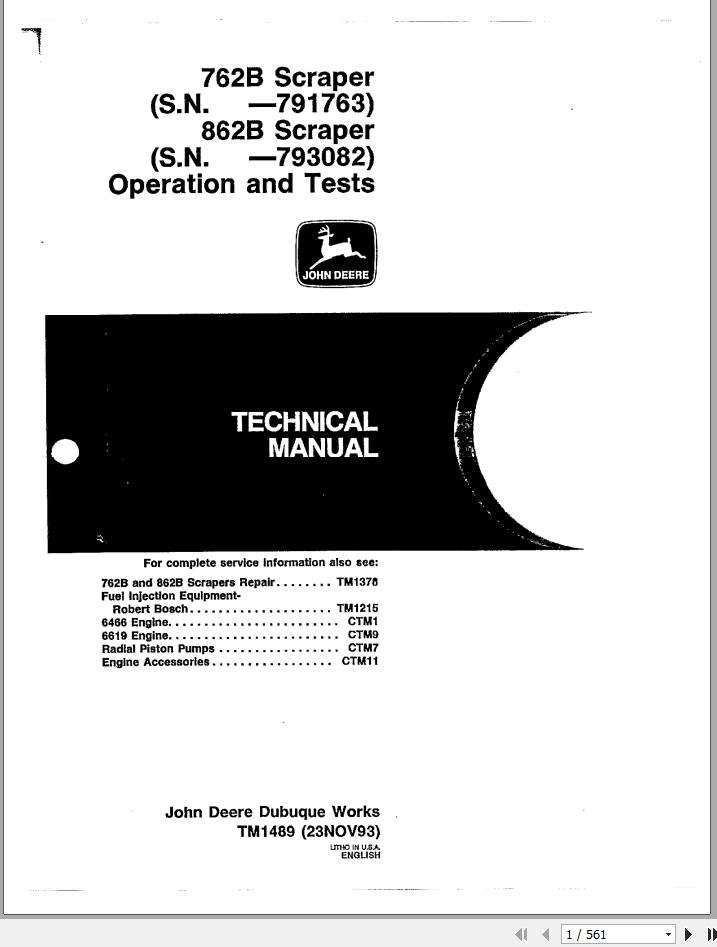 John Deere Scrapers 762B 862B 791763 793082 operation and Test Technical Manual TM1489 1