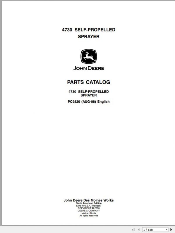 John Deere Self Propelled Sprayed 4730 Parts Catalog PC9820 2008 1