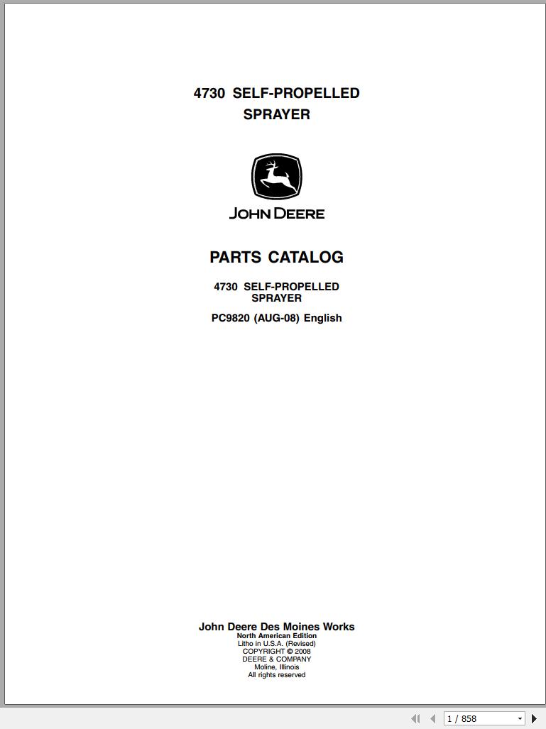 John Deere Self Propelled Sprayed 4730 Parts Catalog PC9820 2008 1
