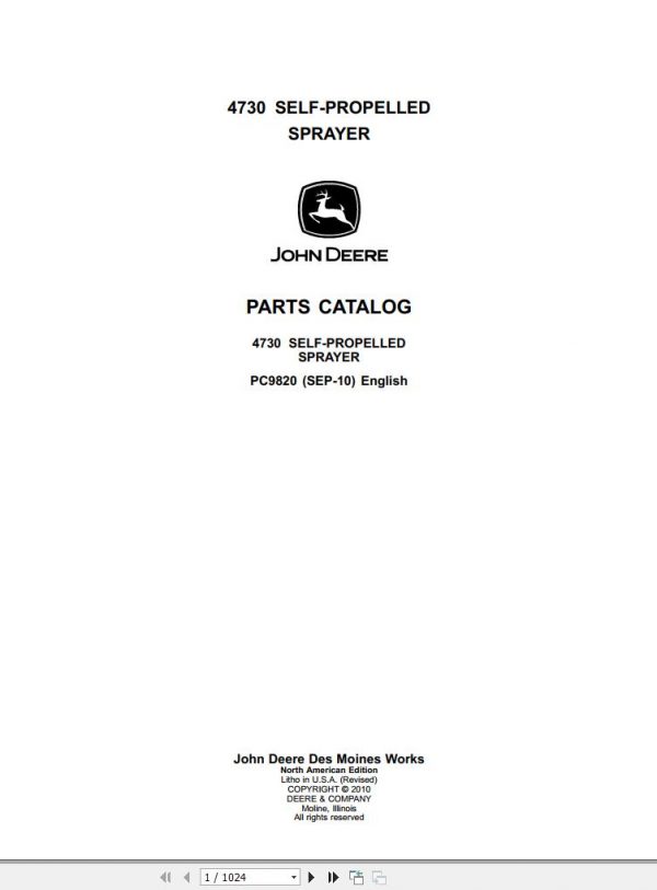John Deere Self Propelled Sprayer 4730 Parts Catalog PC9820 2010 1