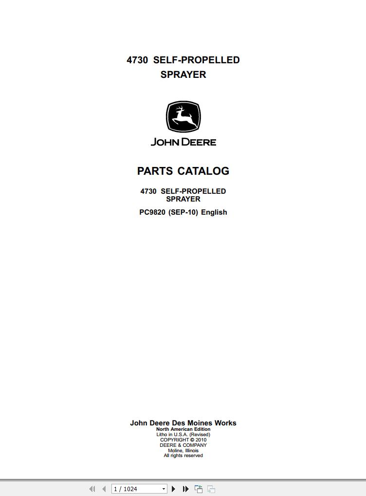 John Deere Self Propelled Sprayer 4730 Parts Catalog PC9820 2010 1