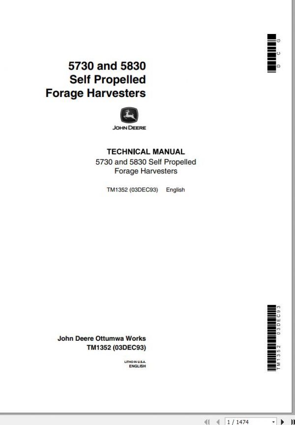 John Deere Self Propellerd Forage Harvesters 5730 5830 Technical Manual TM1352 1