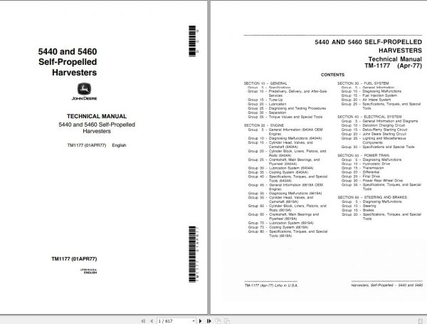 John Deere Self Propellerd Harvesters 5440 5460 Technical Manual TM1177 1