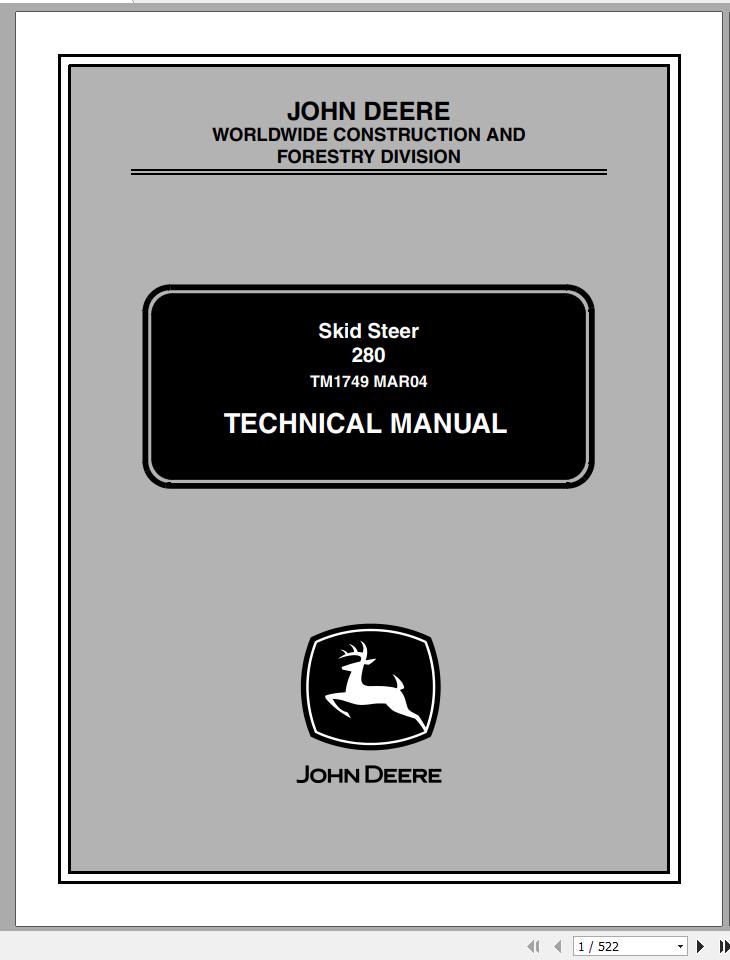 John Deere Skid Steer 280 Technical Manual TM1749 1