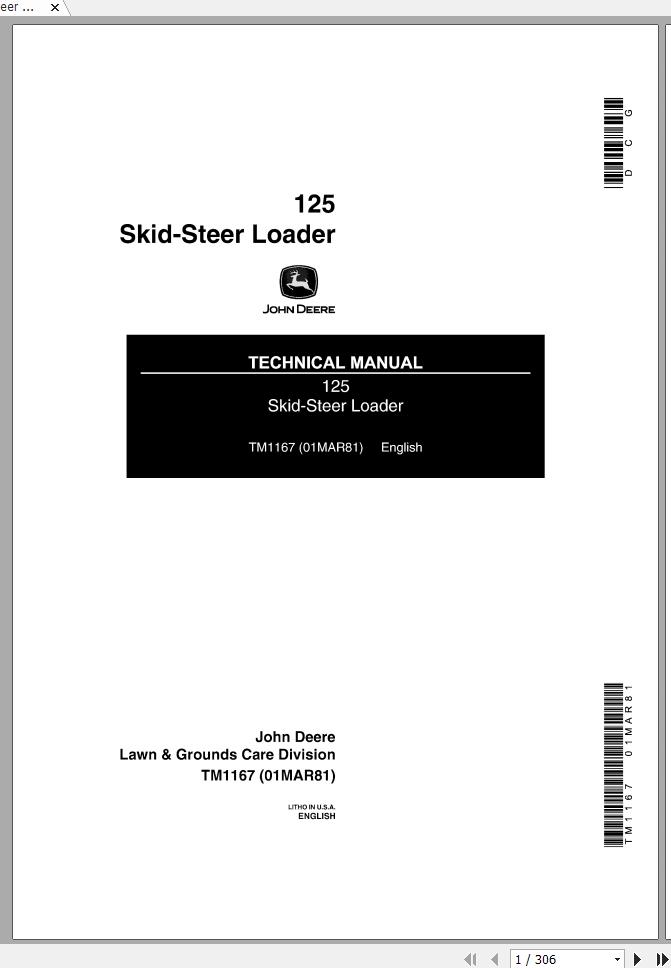 John Deere Skid Steer Loader 125 Technical Manual TM1167 1
