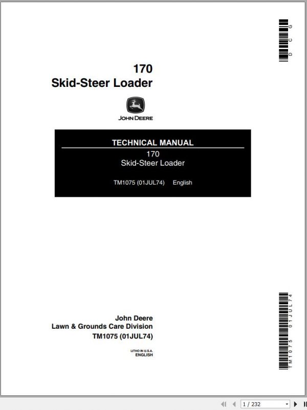 John Deere Skid Steer Loader 170 Technical Manual TM1075 1
