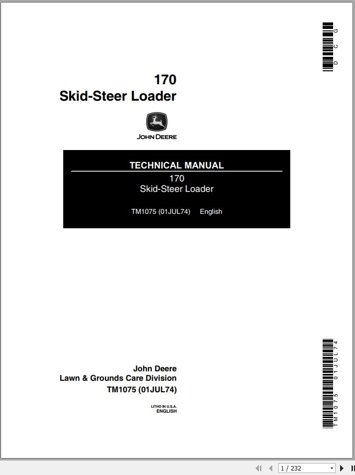 John Deere Skid Steer Loader 170 Technical Manual TM1075 1