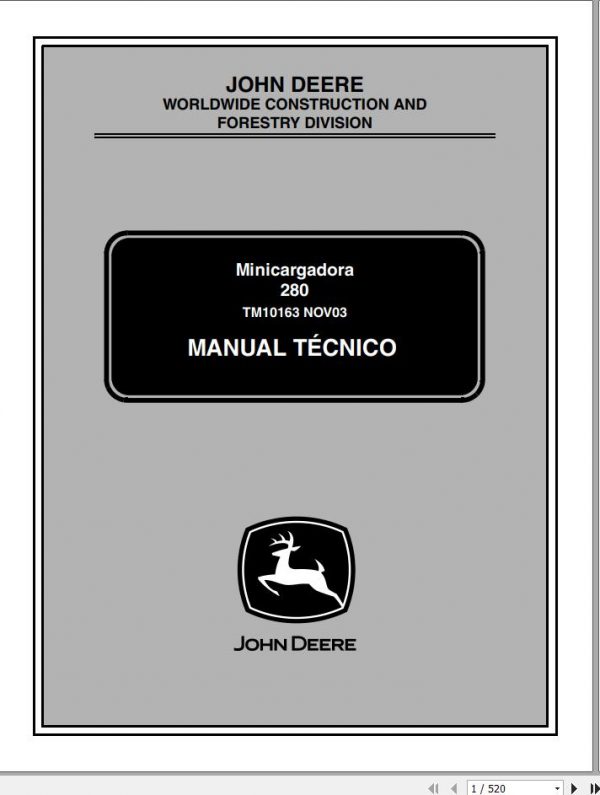 John Deere Skid Steer Loader 280 Technical Manual TM10163 PT 1