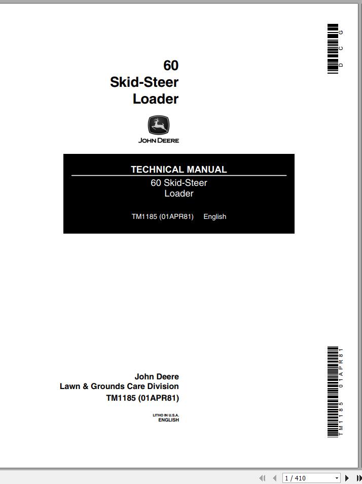 John Deere Skid Steer Loader 60 Technical Manual TM1185 1