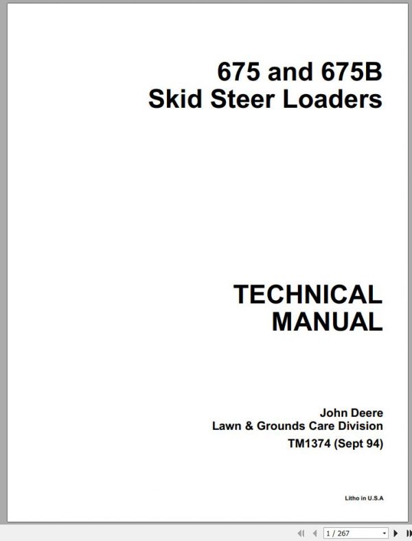 John Deere Skid Steer Loader 675 675B Technical Manual TM1374 1