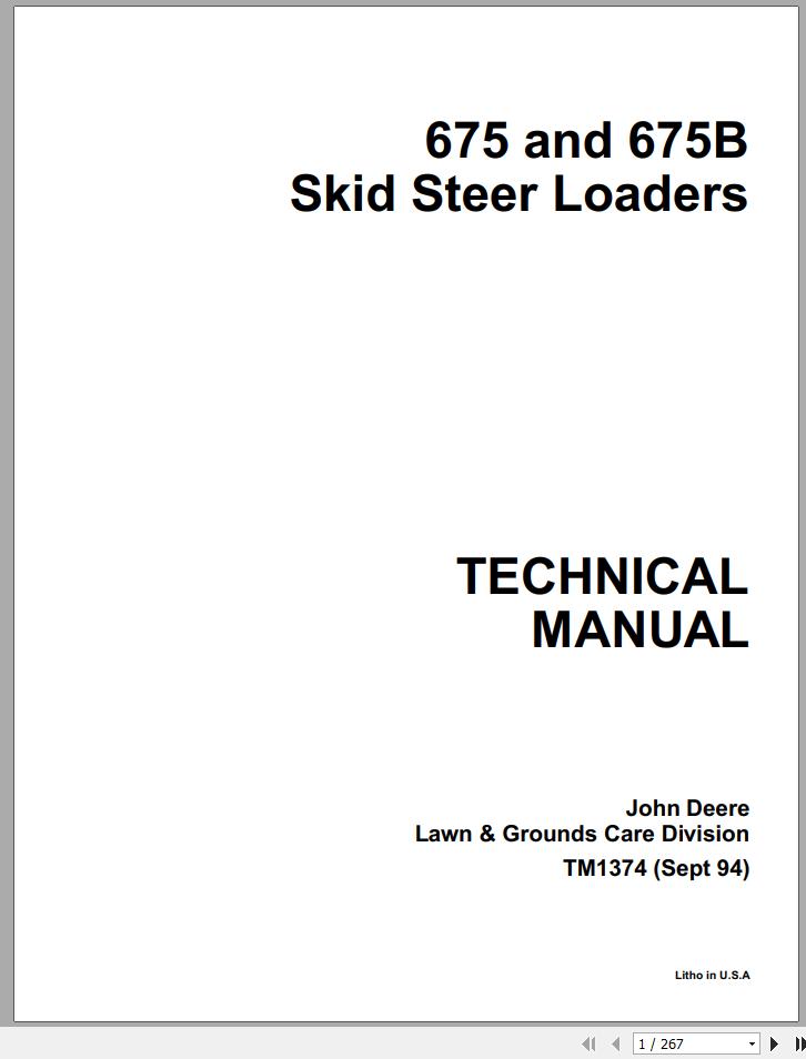 John Deere Skid Steer Loader 675 675B Technical Manual TM1374 1
