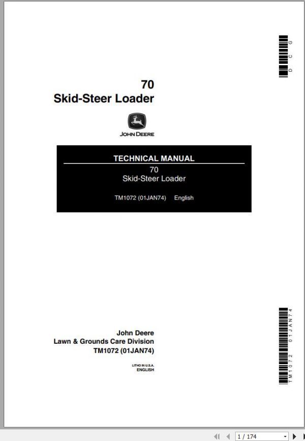John Deere Skid Steer Loader 70 Technical Manual TM1072 1