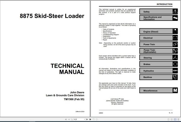 John Deere Skid Steer Loader 8875 Technical Manual TM1566 1