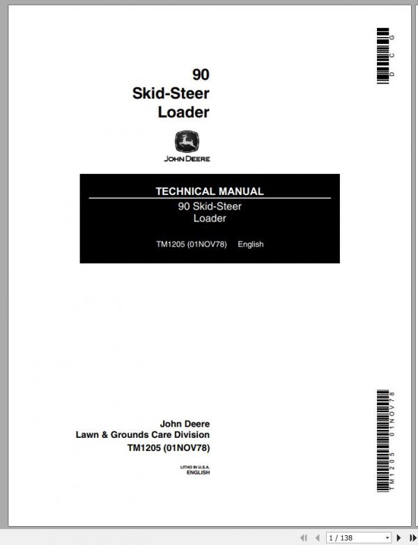 John Deere Skid Steer Loader 90 Technical Manual TM1205 1