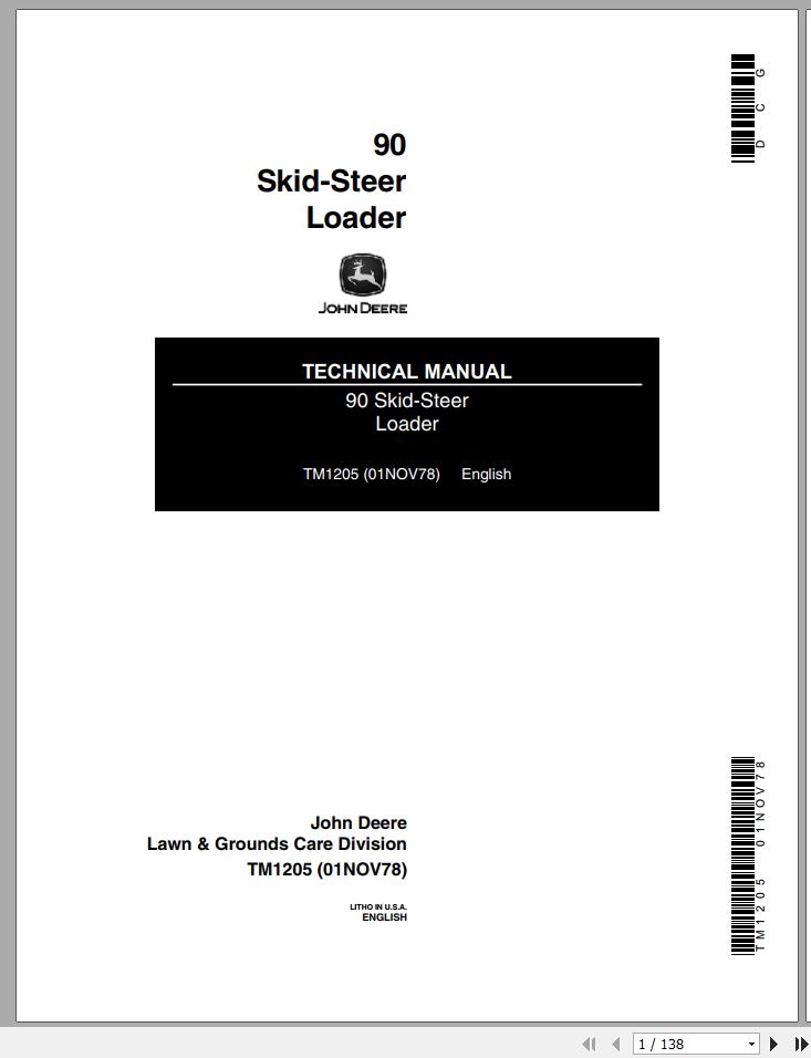 John Deere Skid Steer Loader 90 Technical Manual TM1205 1