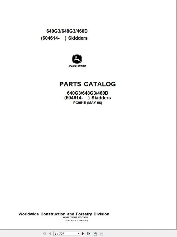 John Deere Skidders 640G3 648G3 460D 604614 Parts Catalog PC9515 2006 1