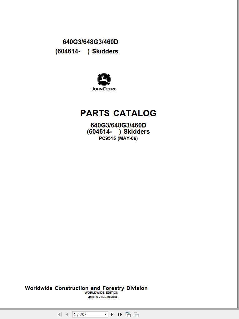 John Deere Skidders 640G3 648G3 460D 604614 Parts Catalog PC9515 2006 1