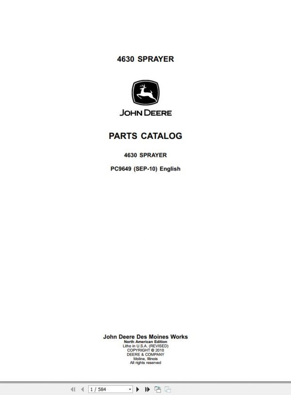 John Deere Sprayer 4630 Parts Catalog PC9649 2010