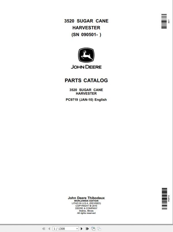 John Deere Sugar Cane Harvester 3520 090501 Parts Catalog PC9719 2010 1