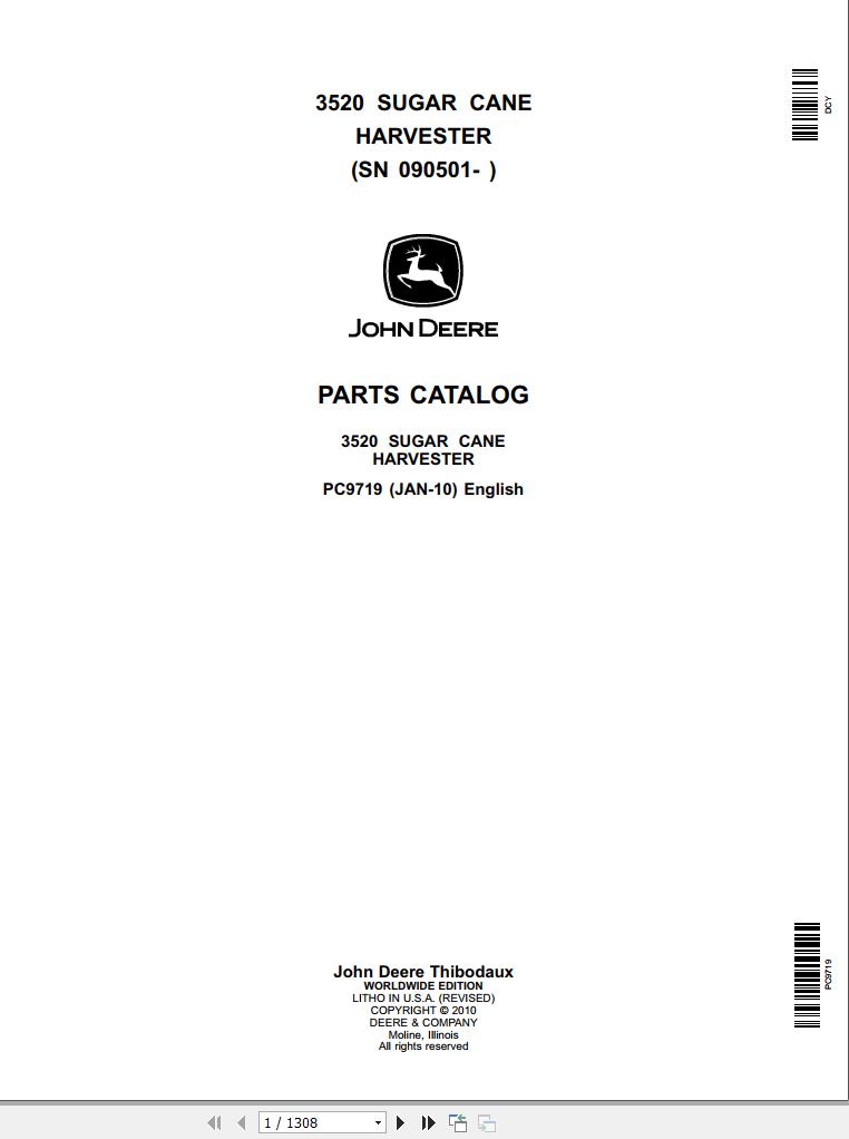 John Deere Sugar Cane Harvester 3520 090501 Parts Catalog PC9719 2010 1