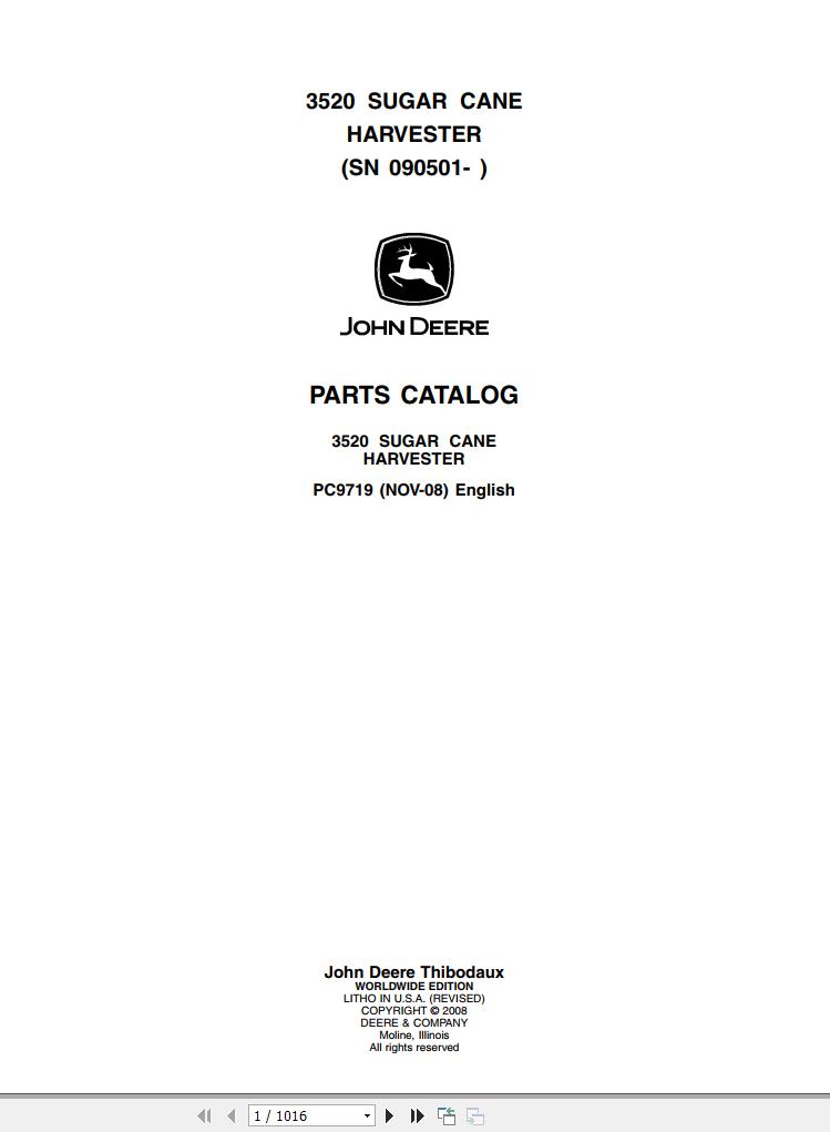 John Deere Sugar Cane Harvester 3520 Parts Catalog PC9719 2008 1