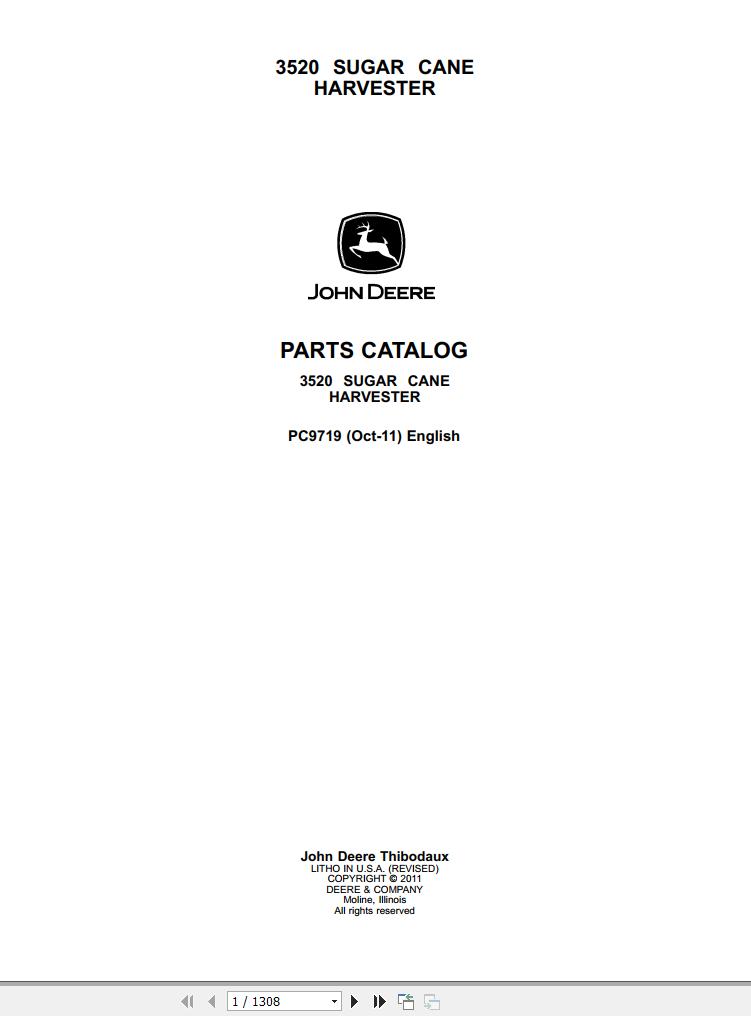 John Deere Sugar Cane Harvester 3520 Parts Catalog PC9719 2011 1