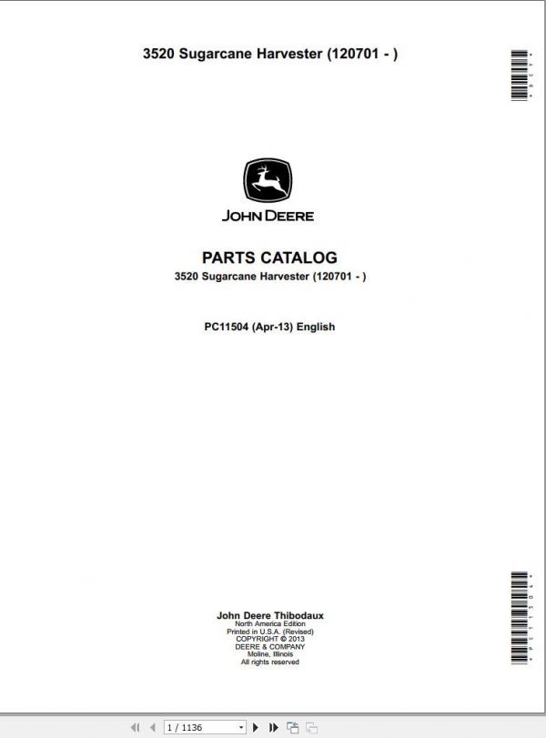 John Deere Sugarcane Harvester 3520 120701 Parts Catalog PC11504 2013 1