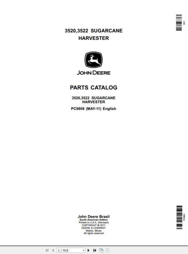 John Deere Sugarcane Harvester 3520 3522 Parts Catalog PC9808 2011 1